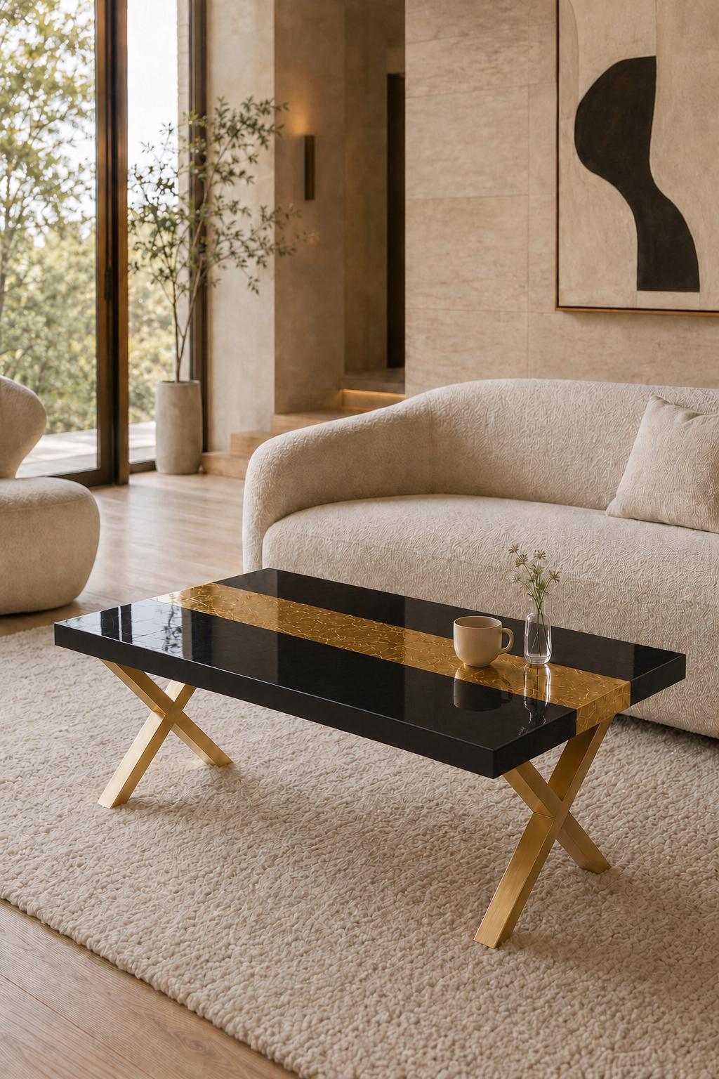 Black Epoxy Table with Genuine 24K Gold Leaf Stripe | Coffee or Dining Table