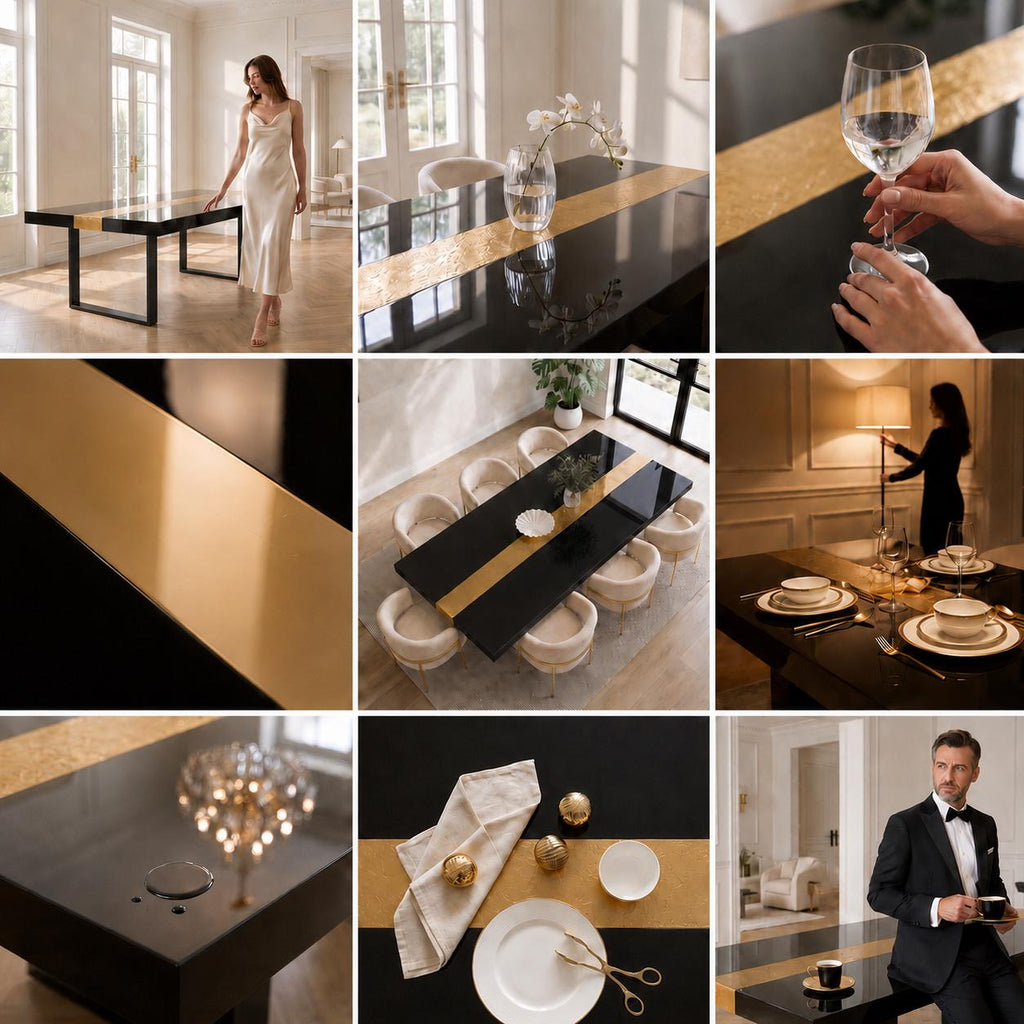 Black Epoxy Table with Genuine 24K Gold Leaf Stripe | Coffee or Dining Table