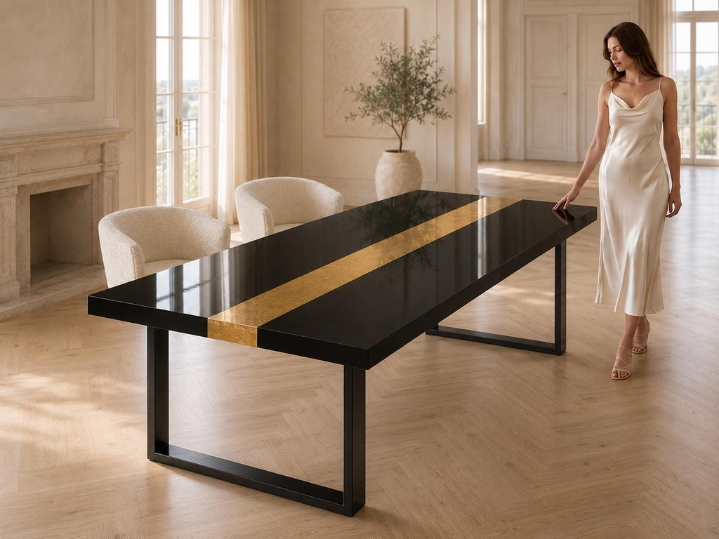 Black Epoxy Table with Genuine 24K Gold Leaf Stripe | Coffee or Dining Table