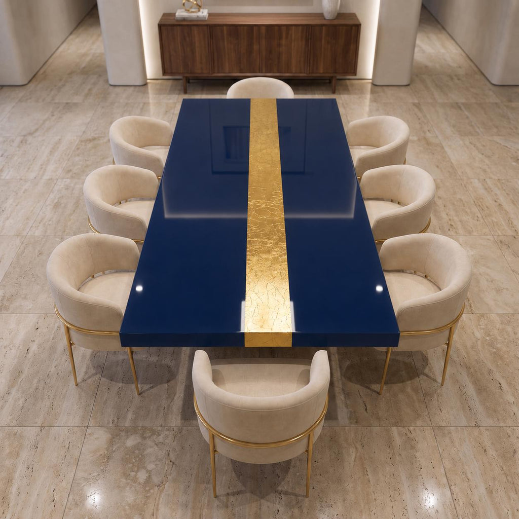 Blue Epoxy Table with Genuine 24K Gold Leaf Stripe | Coffee or Dining Table