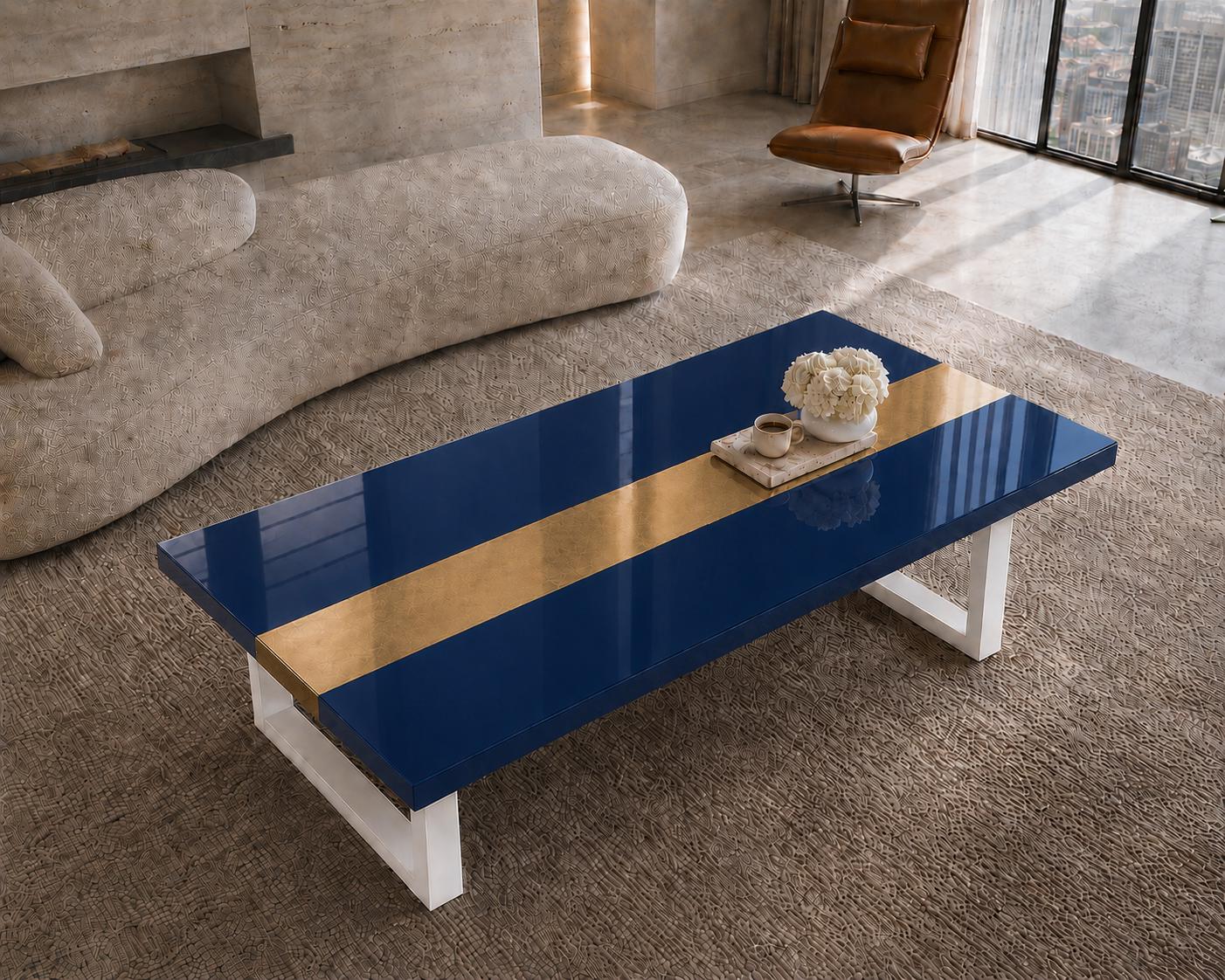 Blue Epoxy Table with Genuine 24K Gold Leaf Stripe | Coffee or Dining Table