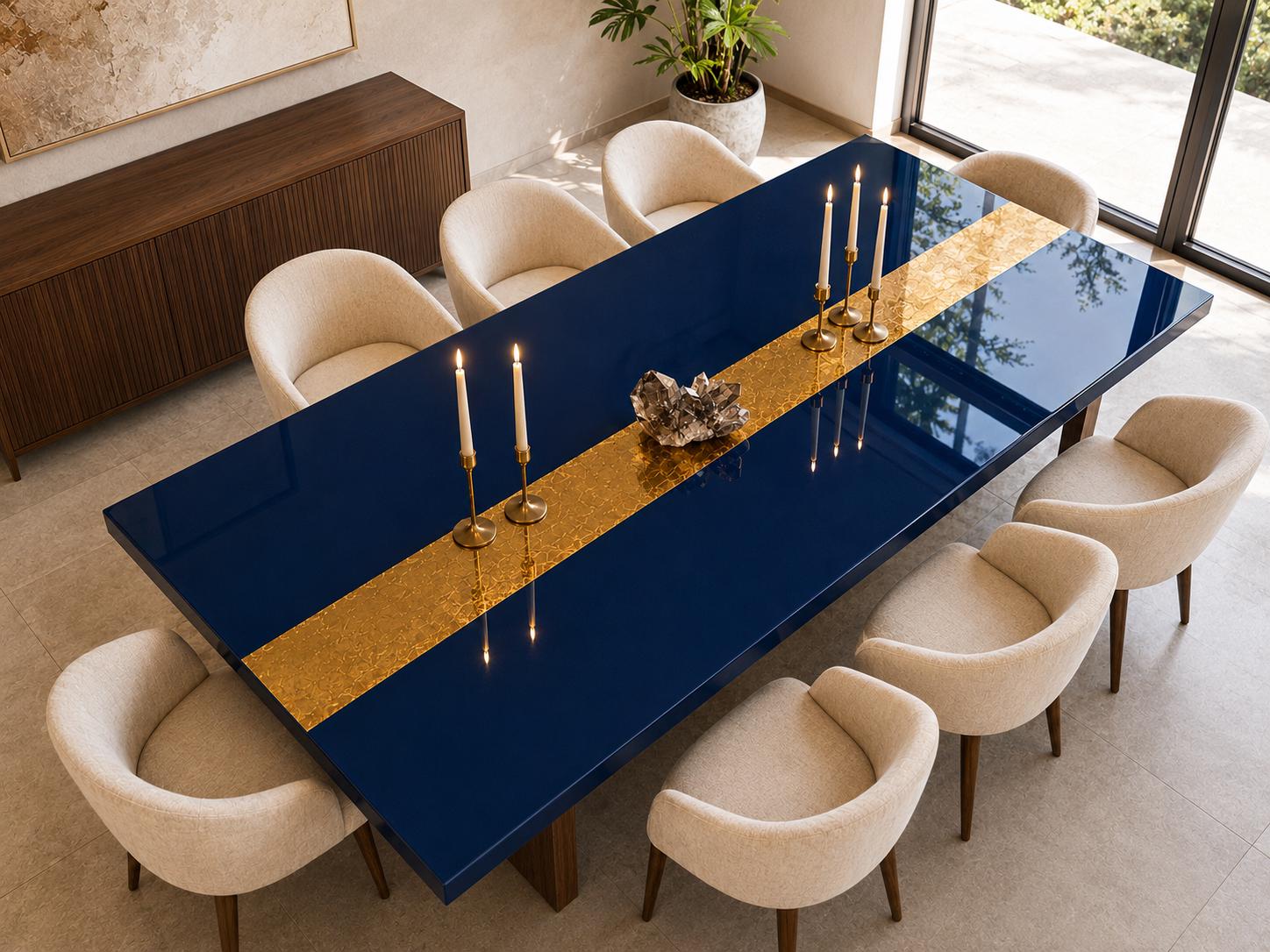 Blue Epoxy Table with Genuine 24K Gold Leaf Stripe | Coffee or Dining Table
