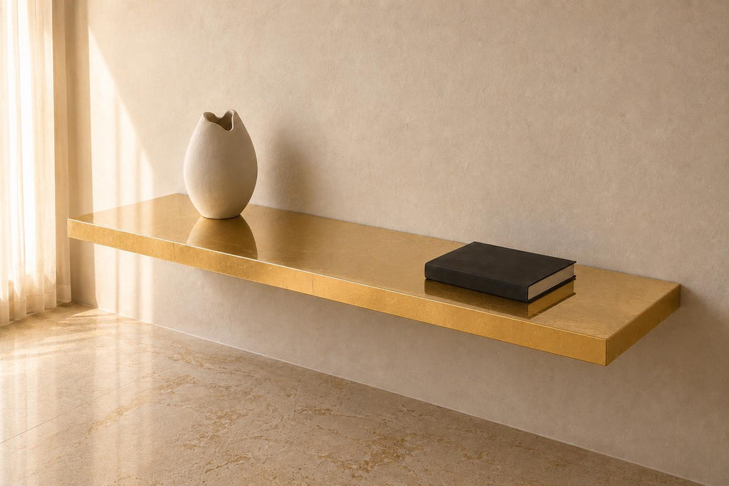 24 K Gold Leaf Epoxy Floating Shelf: Custom Mirror-Finish Wall Console