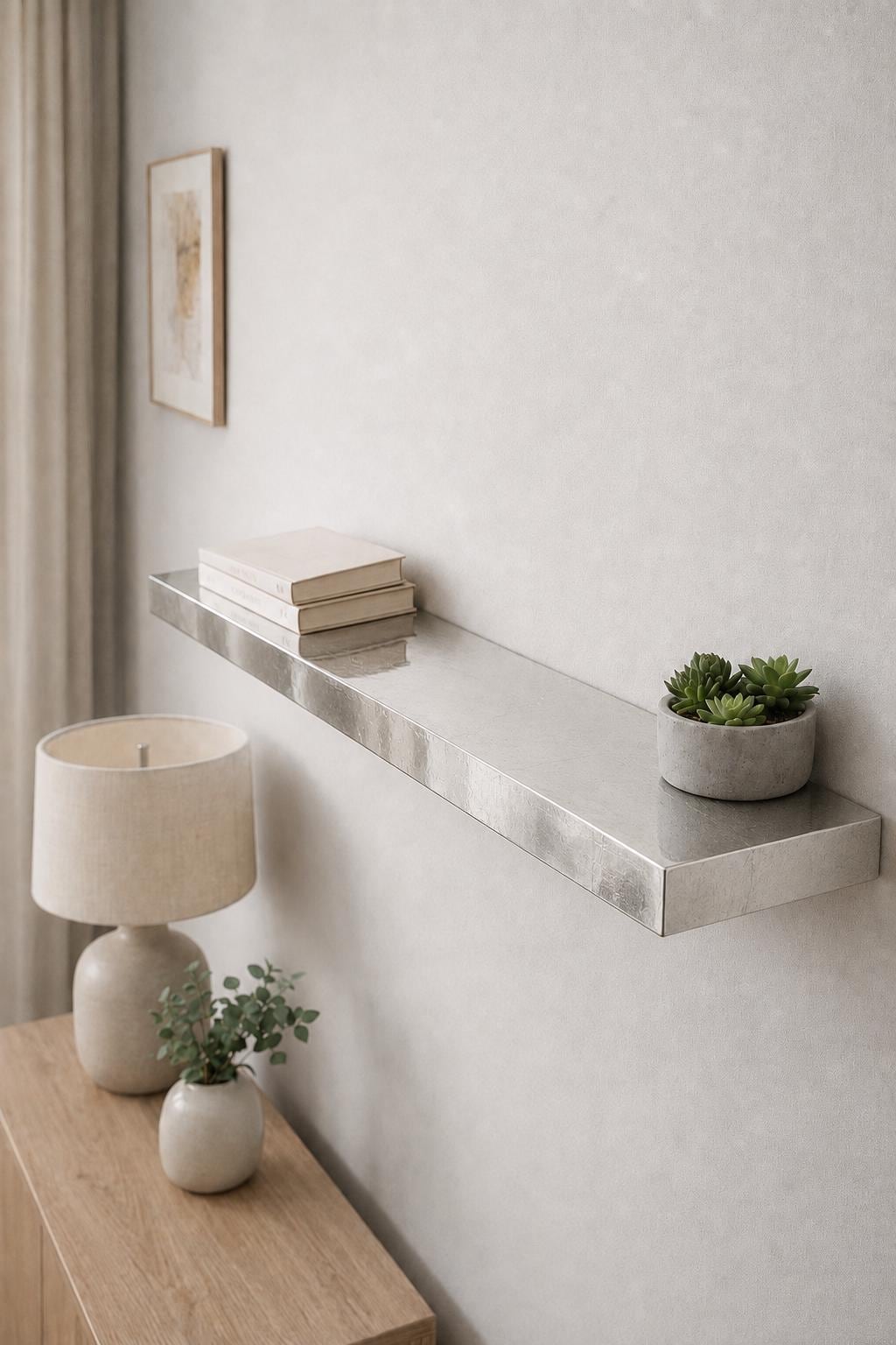 Silver Leaf Epoxy Floating Shelf: Custom Mirror-Finish Wall Console