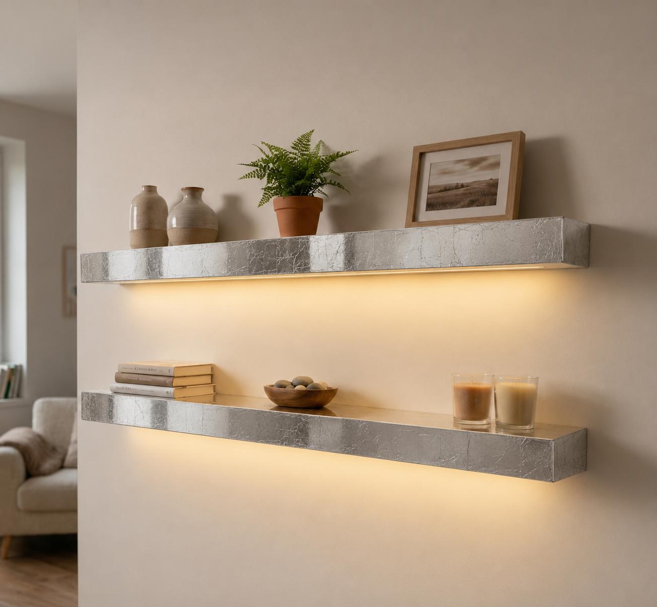 Silver Leaf Epoxy Floating Shelf: Custom Mirror-Finish Wall Console