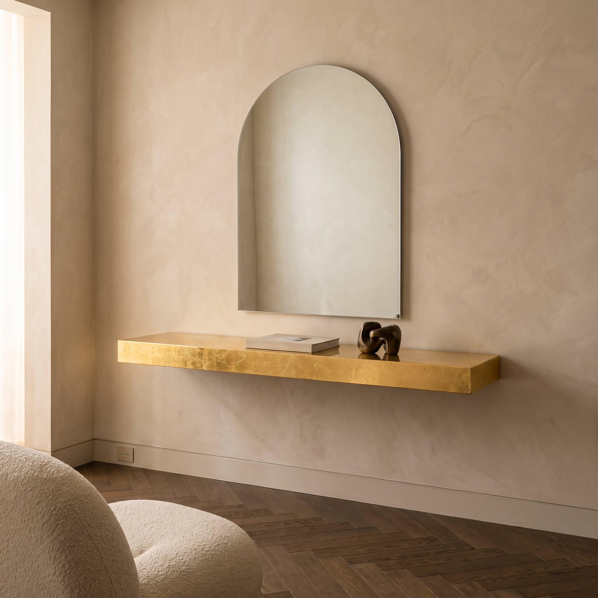 24 K Gold Leaf Epoxy Floating Shelf: Custom Mirror-Finish Wall Console