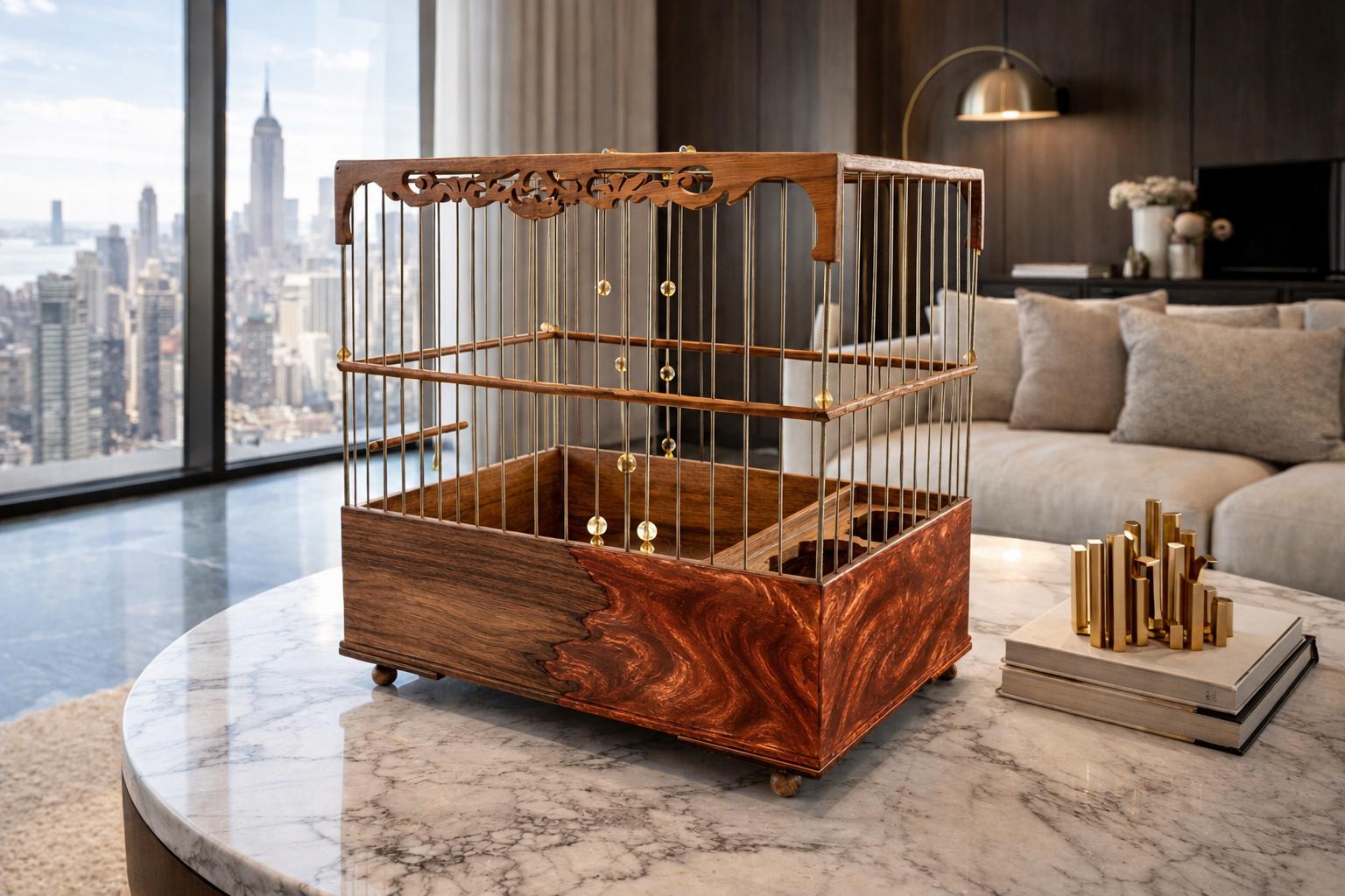 Luxury Walnut & Resin Bird Cage, Handmade Ornate Canary Cage, Custom Color Birdcage