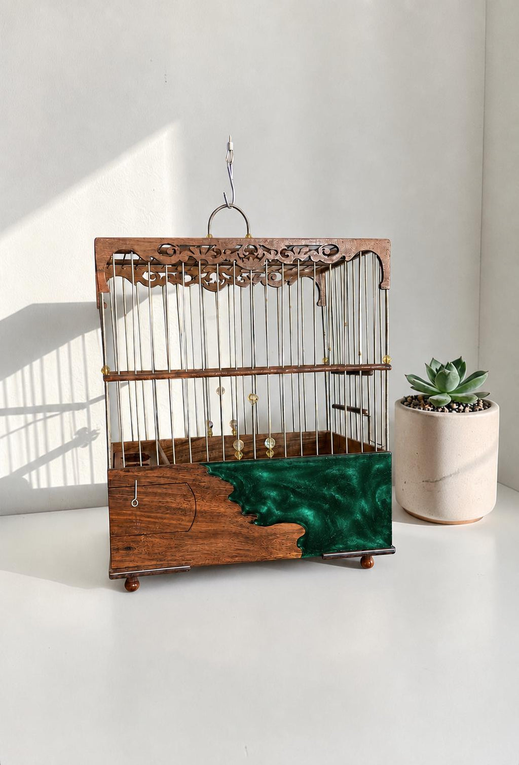 Luxury Walnut & Resin Bird Cage, Handmade Ornate Canary Cage, Custom Color Birdcage
