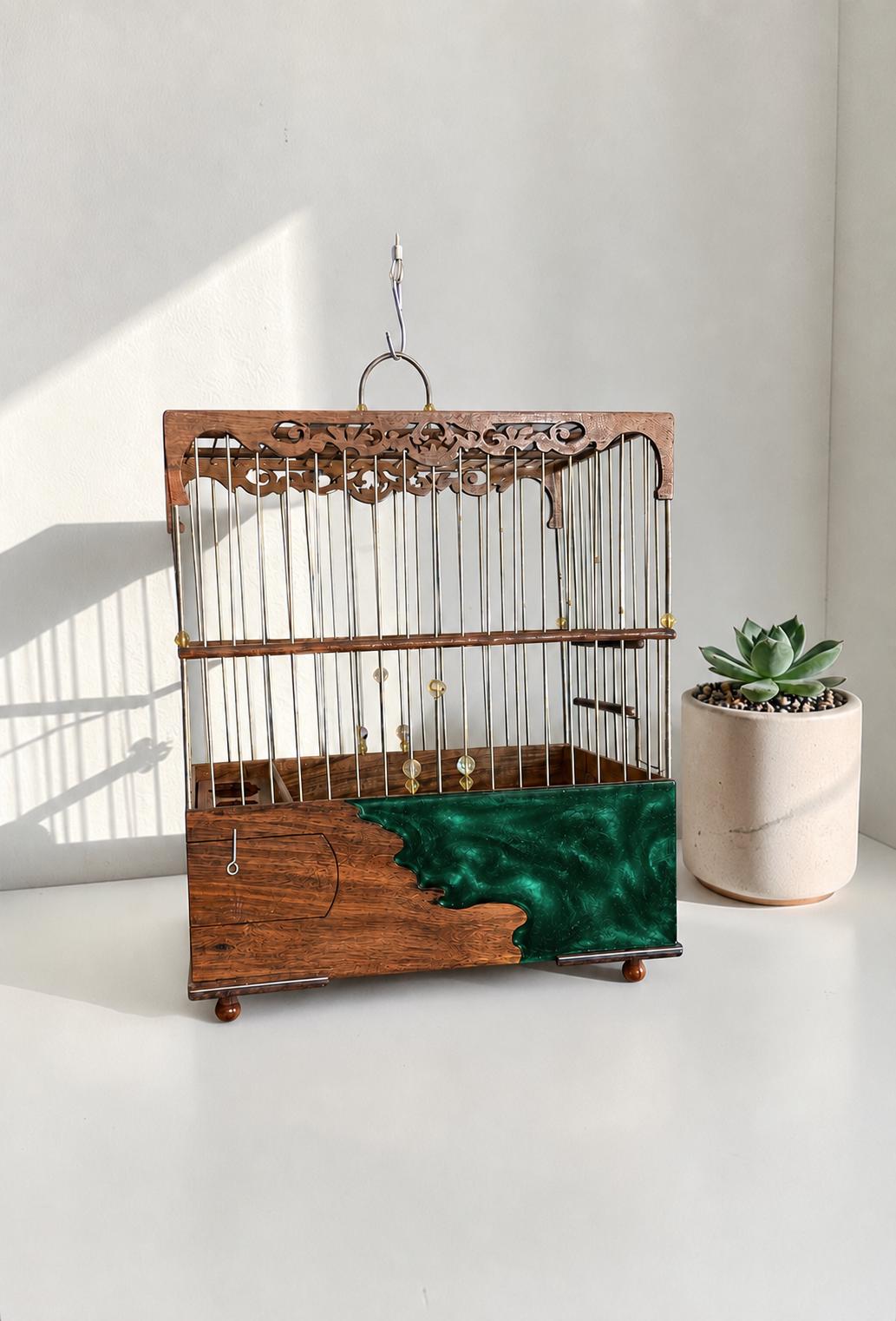 Luxury Walnut & Resin Bird Cage, Handmade Ornate Canary Cage, Custom Color Birdcage