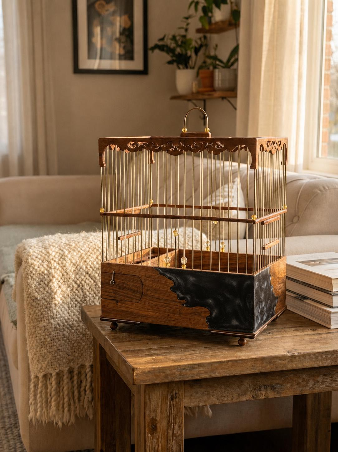 Luxury Walnut & Resin Bird Cage, Handmade Ornate Canary Cage, Custom Color Birdcage