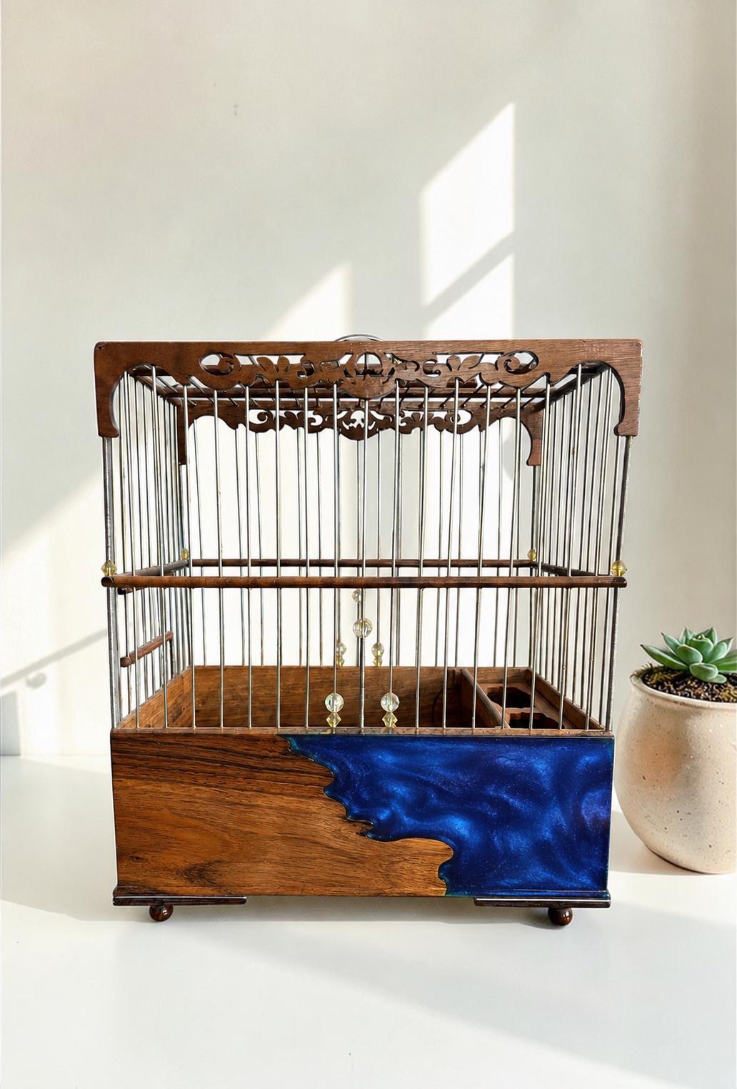 Luxury Walnut & Resin Bird Cage, Handmade Ornate Canary Cage, Custom Color Birdcage
