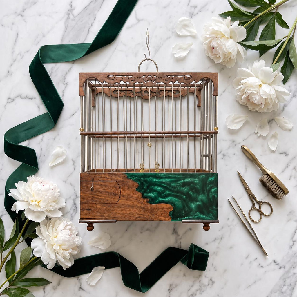 Luxury Walnut & Resin Bird Cage, Handmade Ornate Canary Cage, Custom Color Birdcage