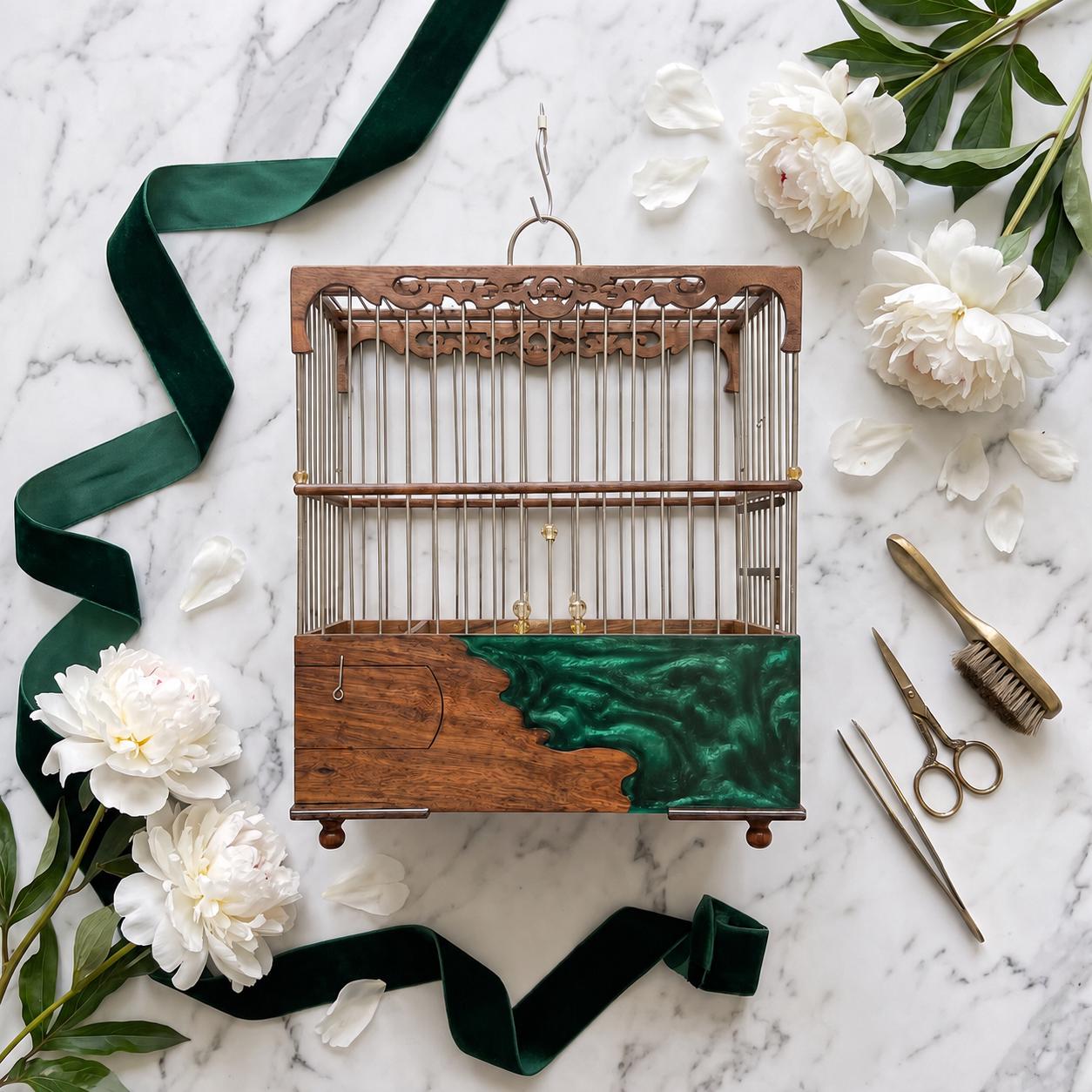 Luxury Walnut & Resin Bird Cage, Handmade Ornate Canary Cage, Custom Color Birdcage