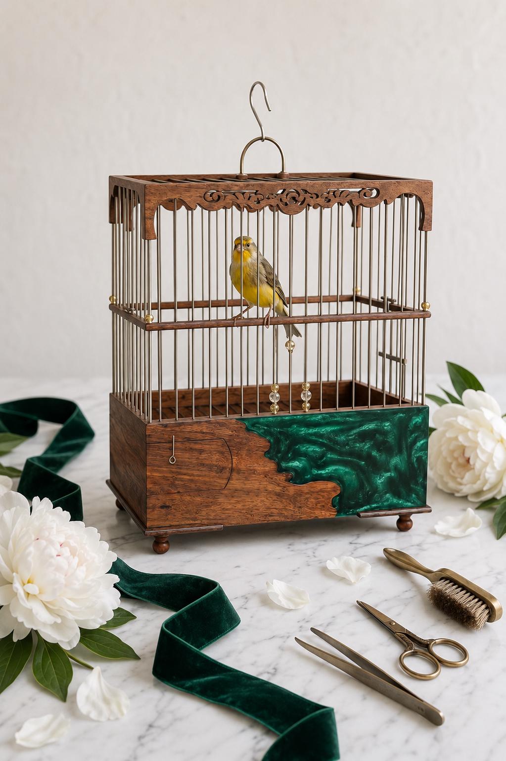 Luxury Walnut & Resin Bird Cage, Handmade Ornate Canary Cage, Custom Color Birdcage