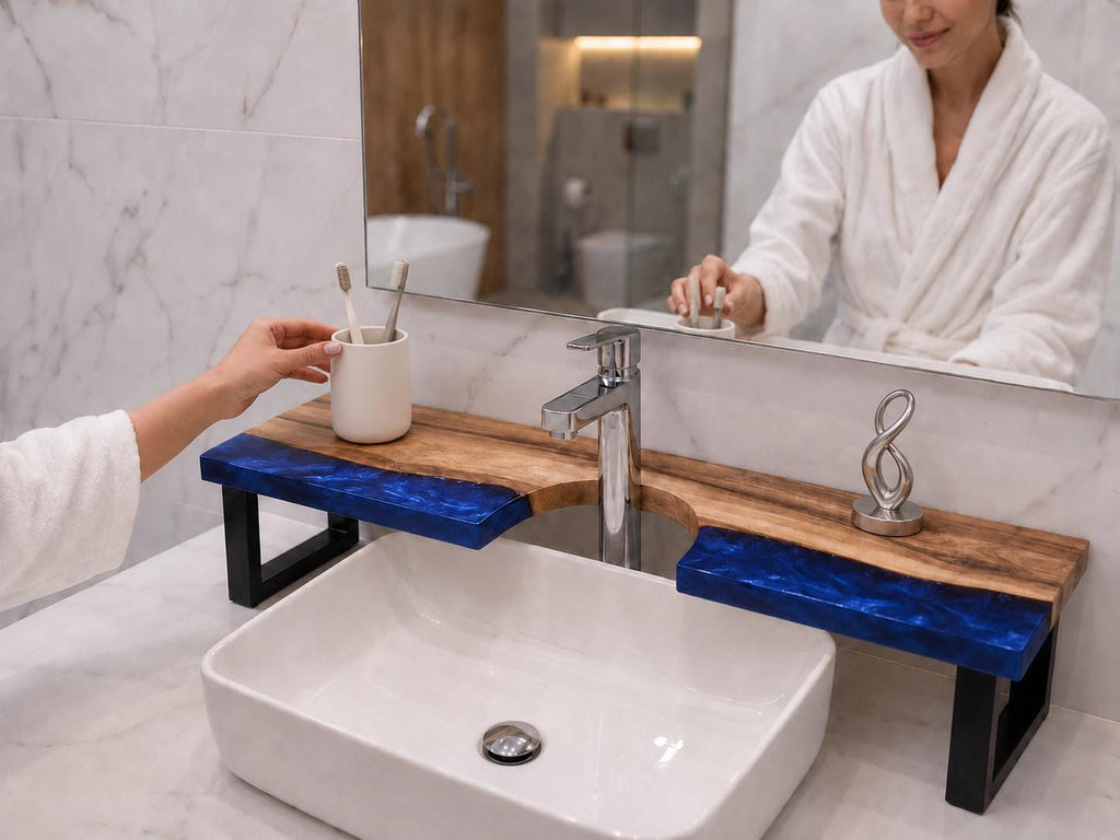 Walnut Epoxy Over Sink Shelf, Custom Faucet Cutout Bathroom Countertop Riser with Legs