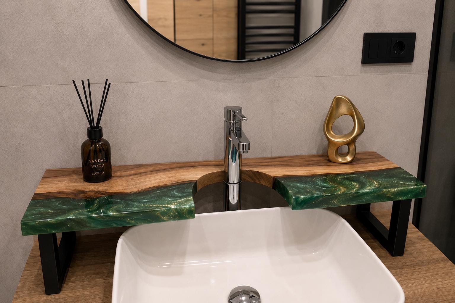 Walnut Epoxy Over Sink Shelf, Custom Faucet Cutout Bathroom Countertop Riser with Legs