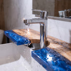 Walnut Epoxy Over Sink Shelf, Custom Faucet Cutout Bathroom Countertop Riser with Legs
