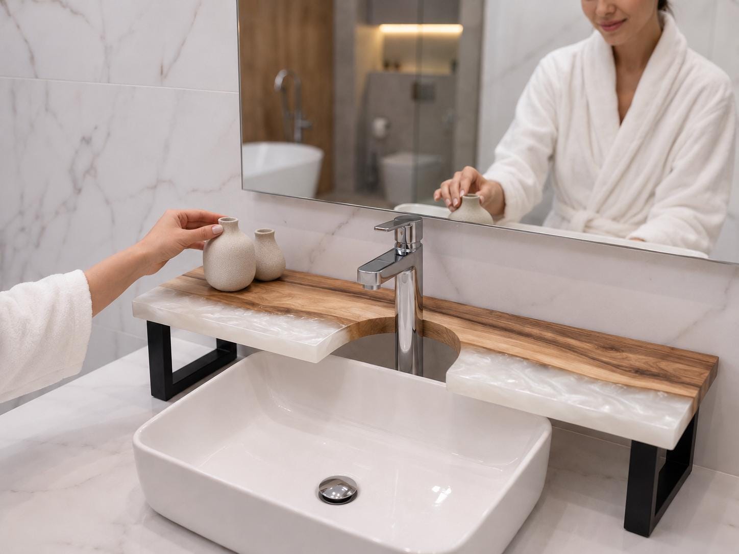 Walnut Epoxy Over Sink Shelf, Custom Faucet Cutout Bathroom Countertop Riser with Legs