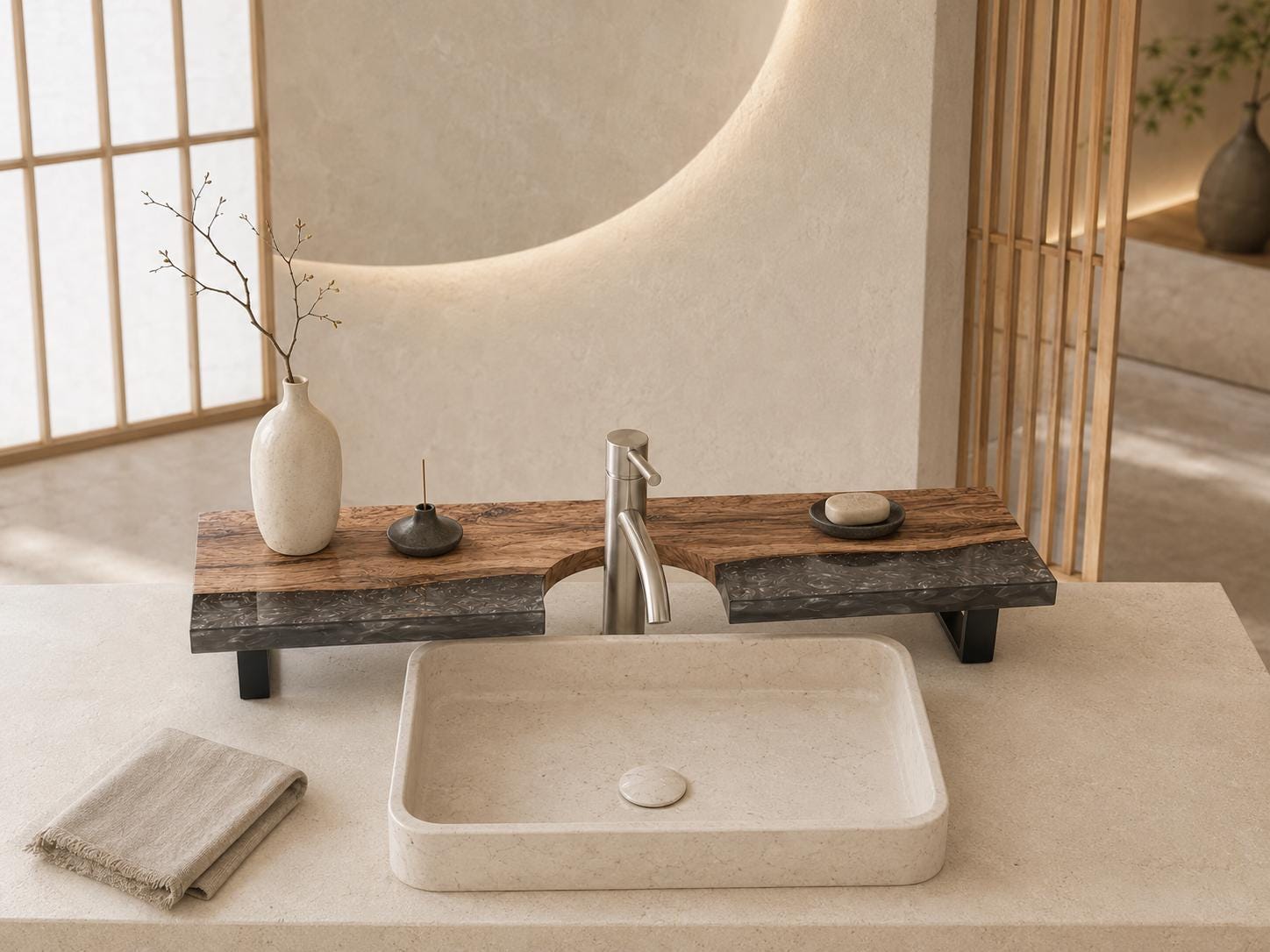 Walnut Epoxy Over Sink Shelf, Custom Faucet Cutout Bathroom Countertop Riser with Legs