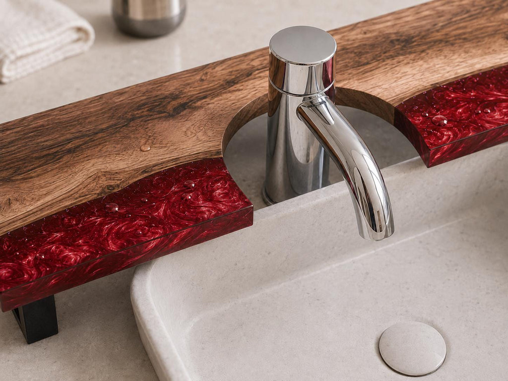 Walnut Epoxy Over Sink Shelf, Custom Faucet Cutout Bathroom Countertop Riser with Legs