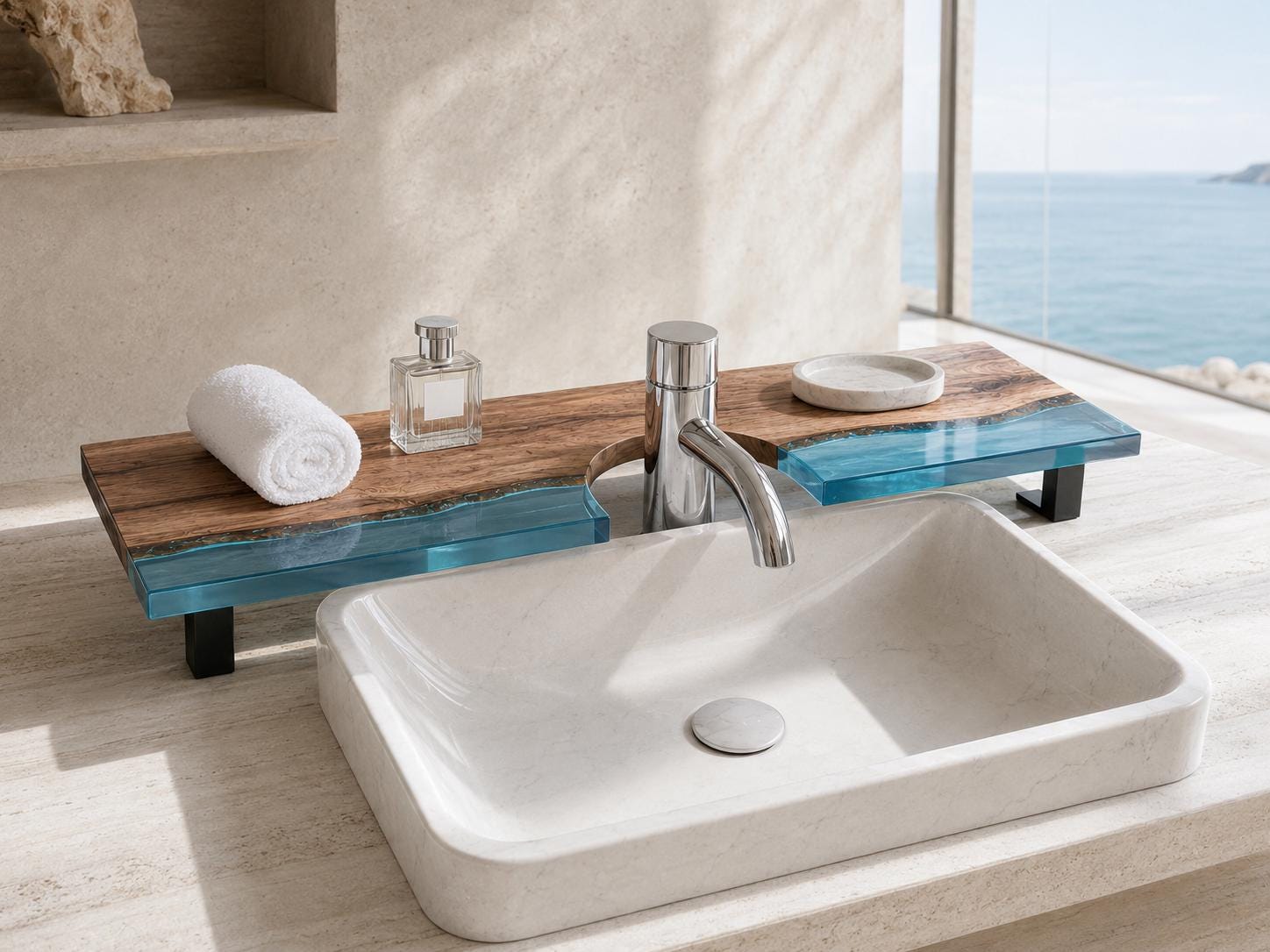 Walnut Epoxy Over Sink Shelf, Custom Faucet Cutout Bathroom Countertop Riser with Legs