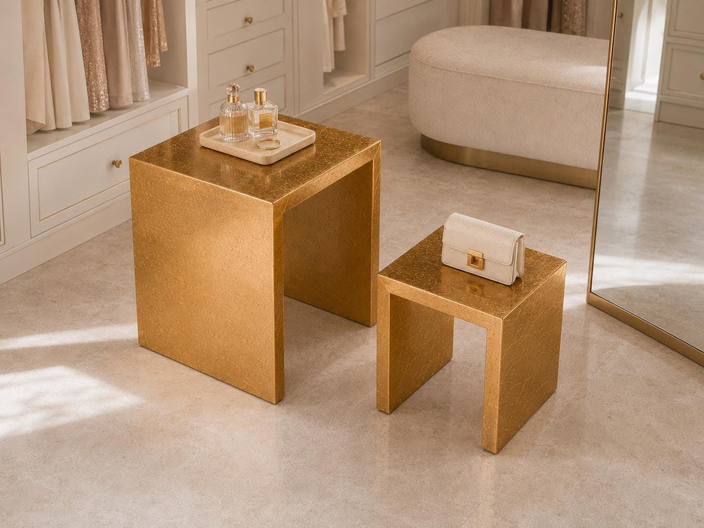 Set di 2 tavolini a incastro Gold Leaf, tavolini con finitura lucida epossidica, tavolini d'appoggio di lusso fatti a mano, mobili moderni Art Déco