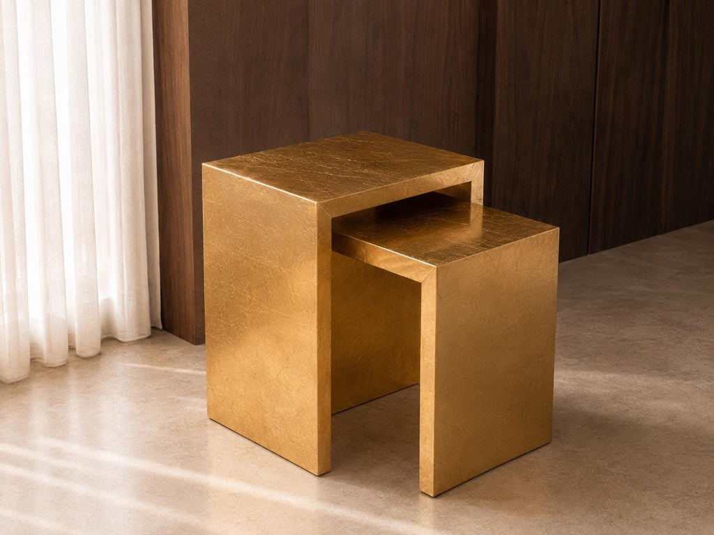 Set di 2 tavolini a incastro Gold Leaf, tavolini con finitura lucida epossidica, tavolini d'appoggio di lusso fatti a mano, mobili moderni Art Déco