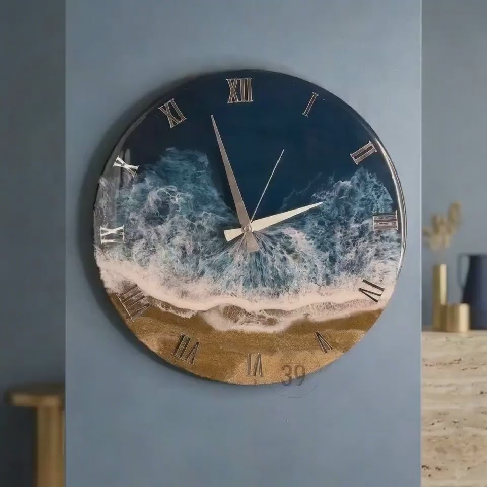Ocean Resin Wall Clock, Handmade Coastal Decor with Silver Numerals