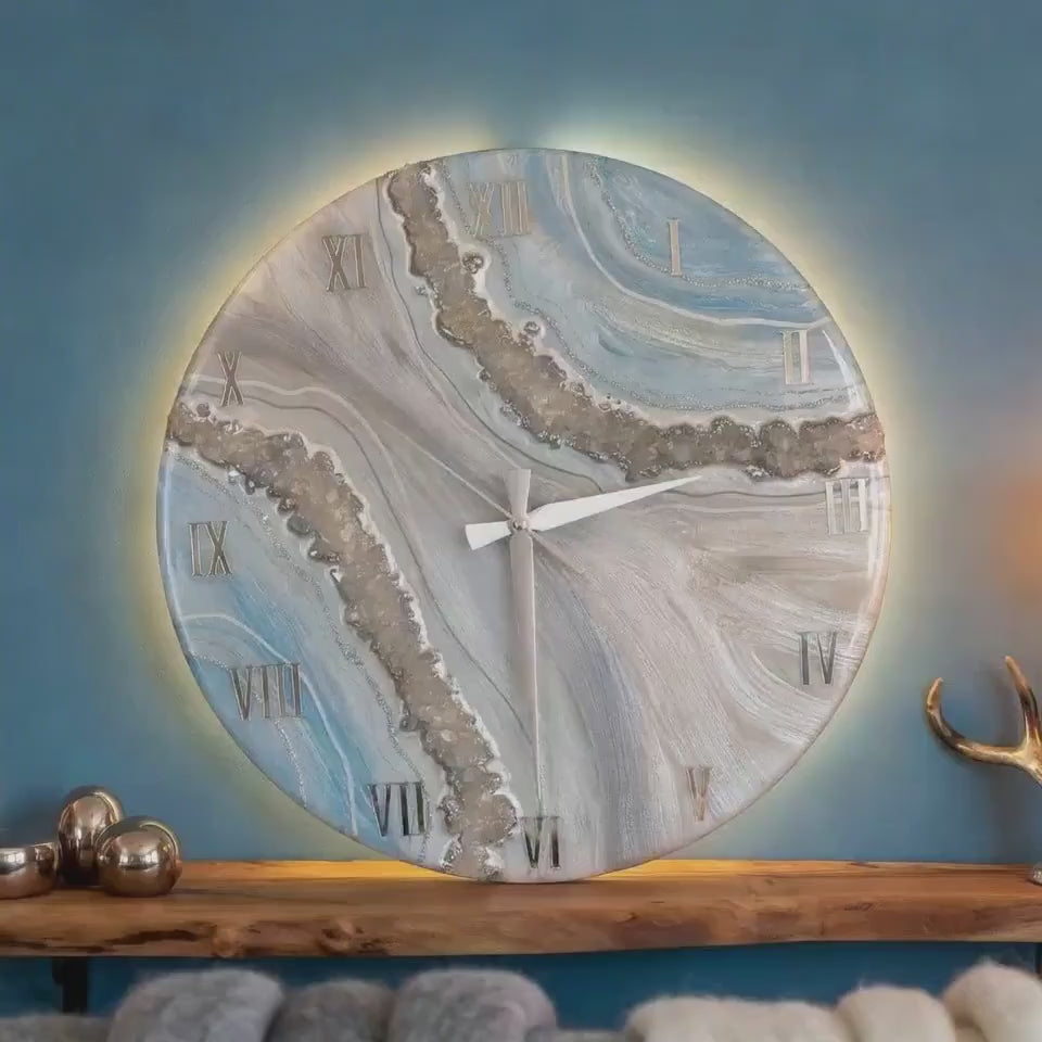 Luxury Geode Wall Clock with Real Quartz Crystals – Handmade Resin Clock in White & Turquoise and Silver – 40 50 60 cm Statement Decor