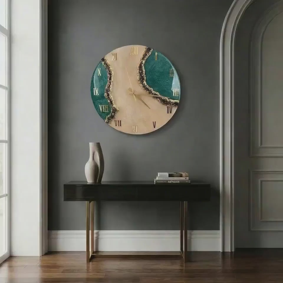 Luxury Geode Wall Clock with Real Obsidian Crystals – Handmade Resin Clock with Personalization Option in Gold – 40 50 60 cm Statement Decor