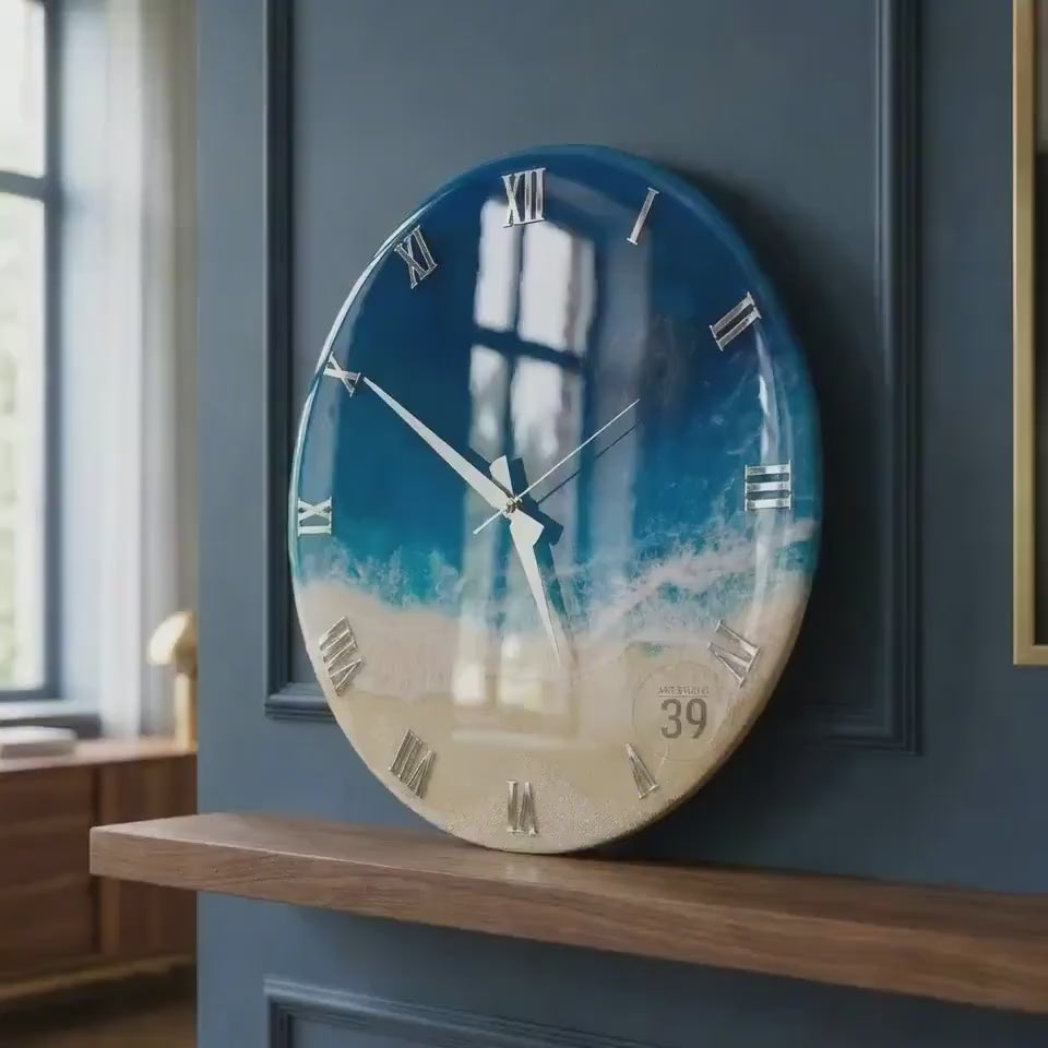 Handmade Ocean Resin Wall Clock, Coastal Home Decor, Silver Roman Numerals
